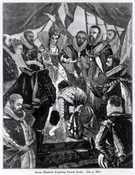 La reine Élisabeth I (1530-1603) adoubant Francis Drake (vers 1540-96) en 1581